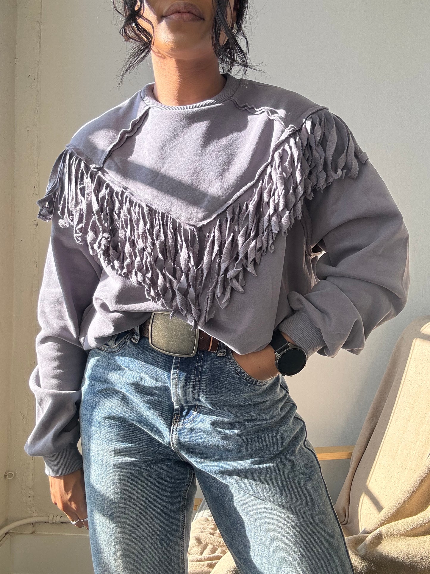 Kalon Cotton Crewneck Western Style Fringe Pullover In Charcoal