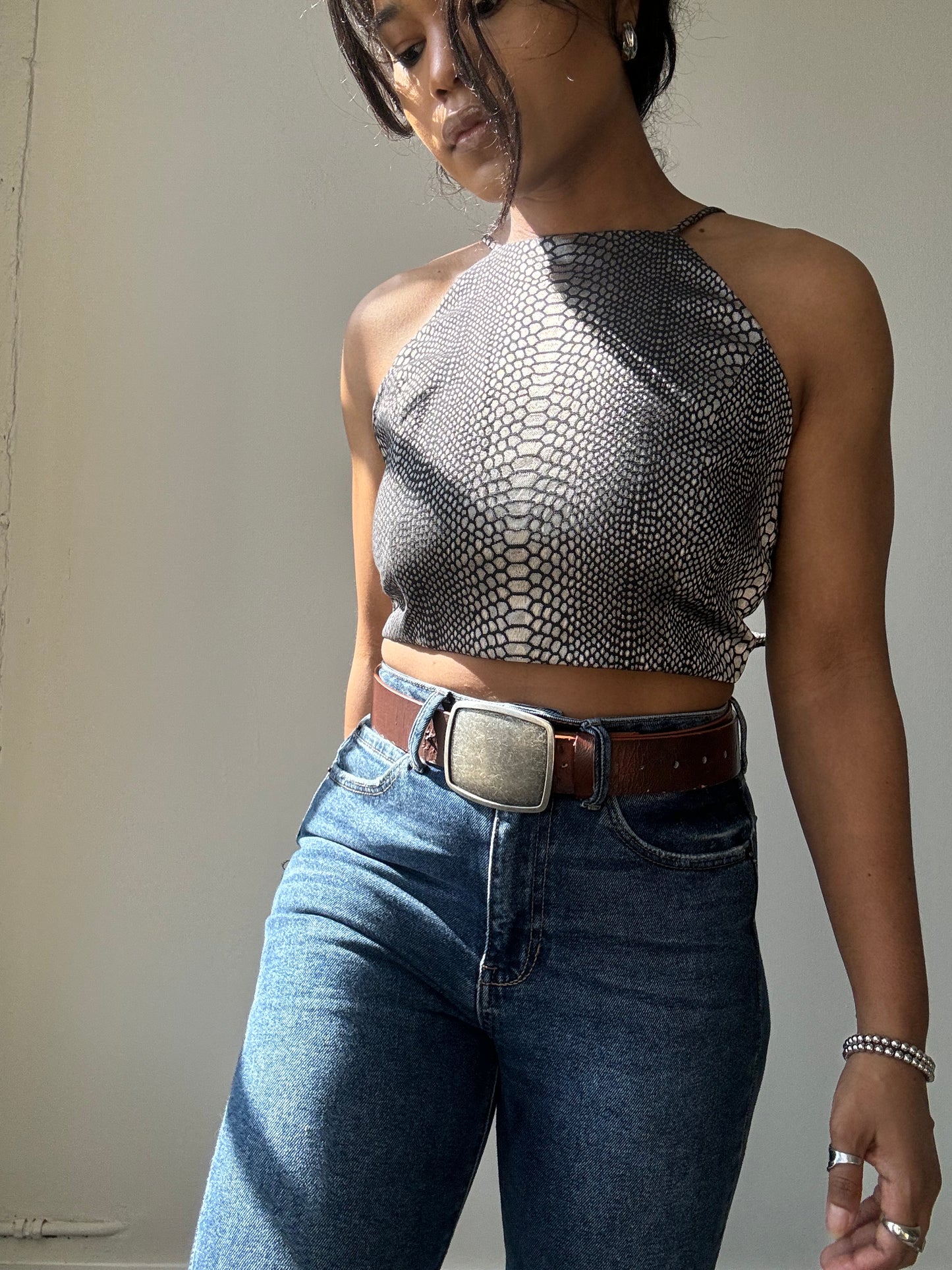 Evan Cotton Cropped Open Back Halter Top In Wild Smoke Grey