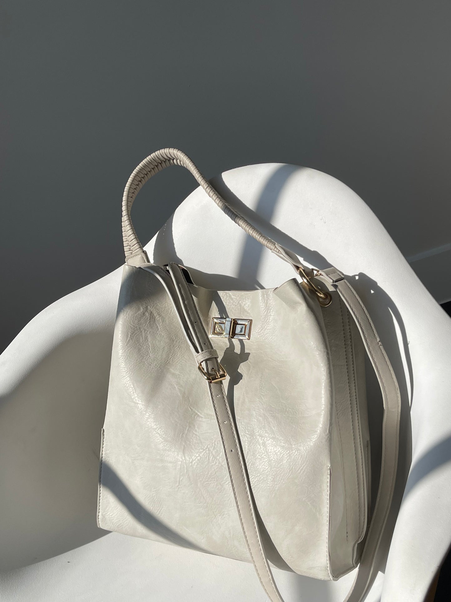 Perry Woven handle Utility Vegan Leather Tote Bag In Stone