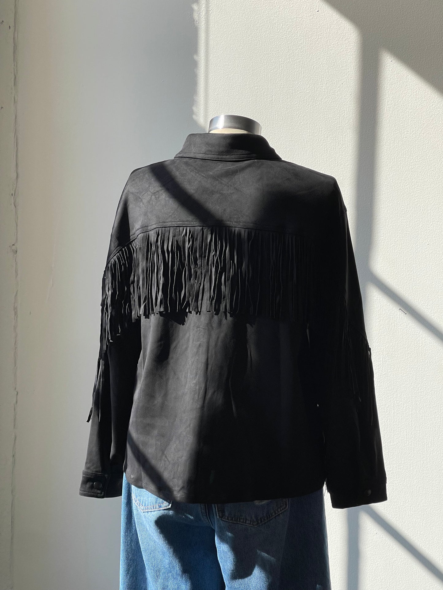 Dixie Microsuede Fringe Snap Front Shacket In Black