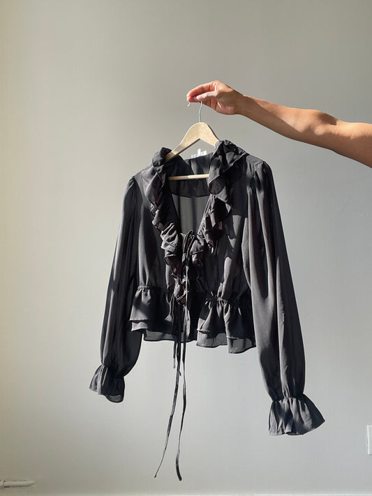 Carly Ruffle Sheer Balloon Sleeve Top In Black