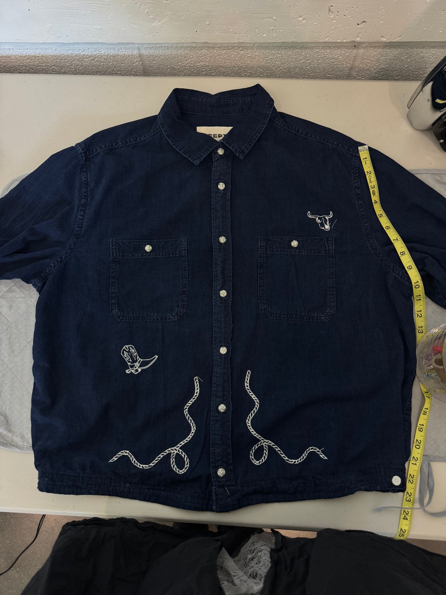 The Lawrence Handcrafted Sad Songs Cropped Cotton Button Down Long Sleeve
