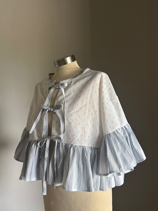 Joycie Vintage Handcrafted Striped Floral Ruffle Top