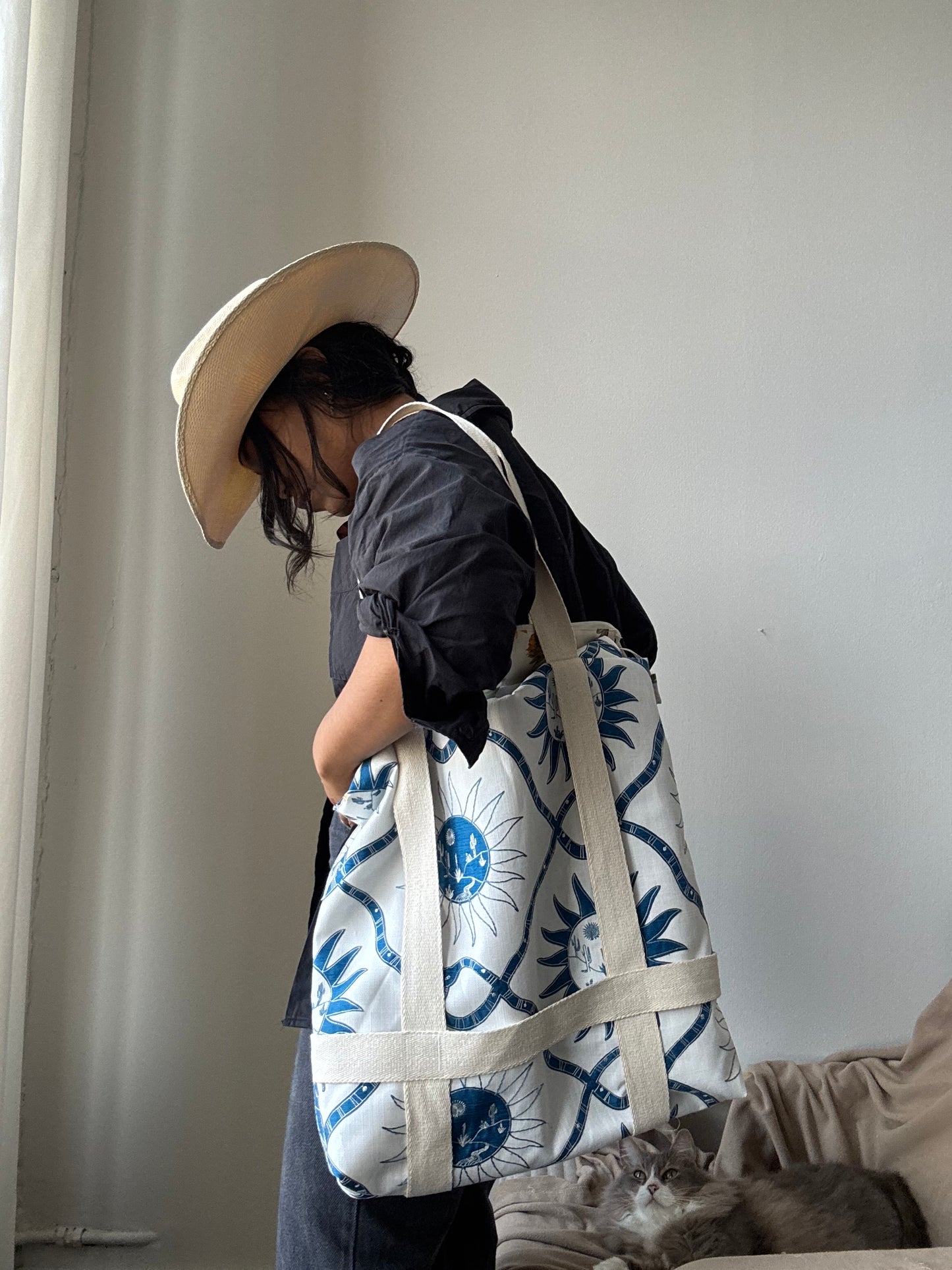 Magnus Handcrafted Cotton Tote Hat Holder Bag In Embroidered Canvas