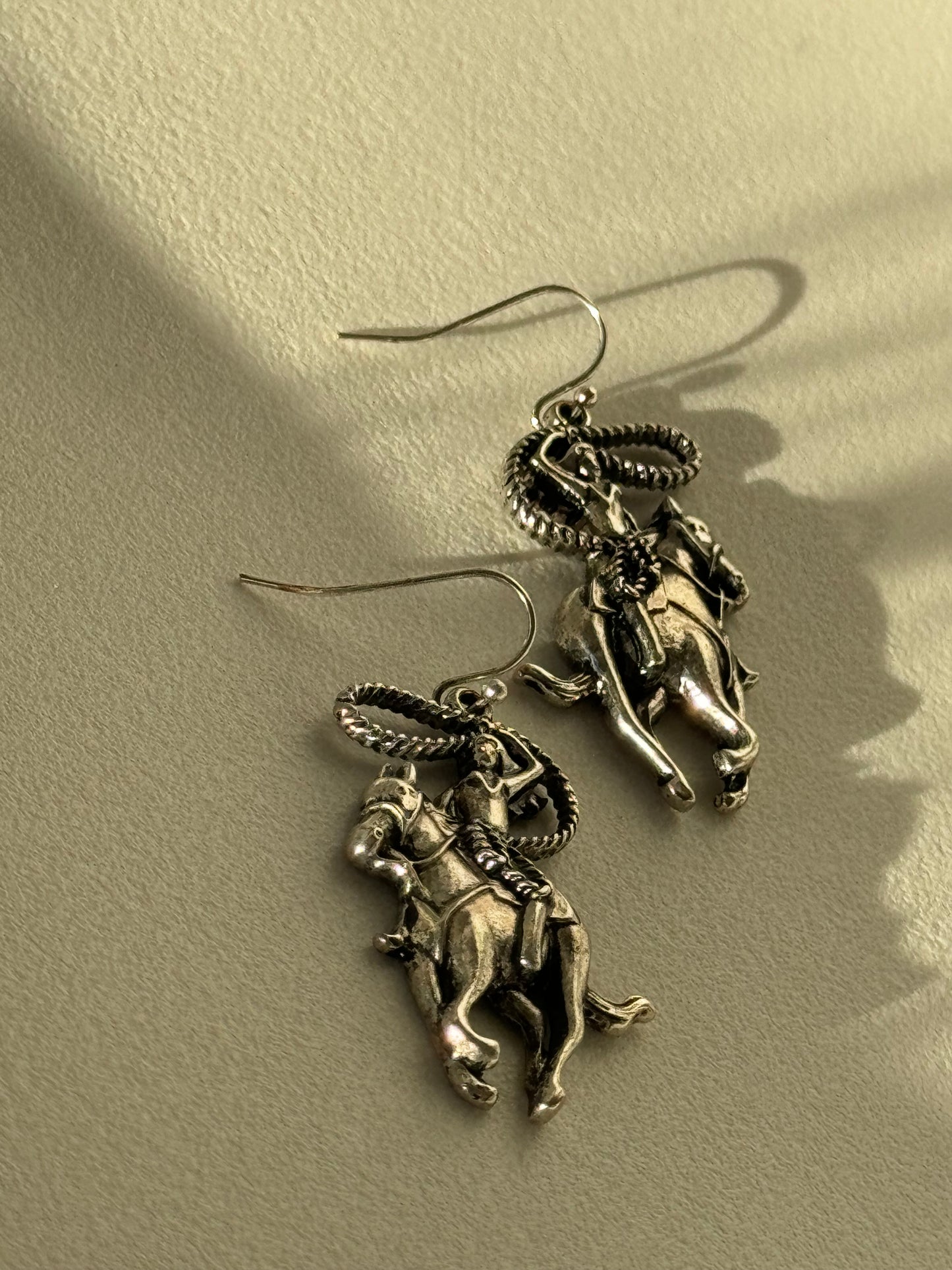 Faye Lasso Cowgirl Riding Horse Drop Earring In Antique Silver