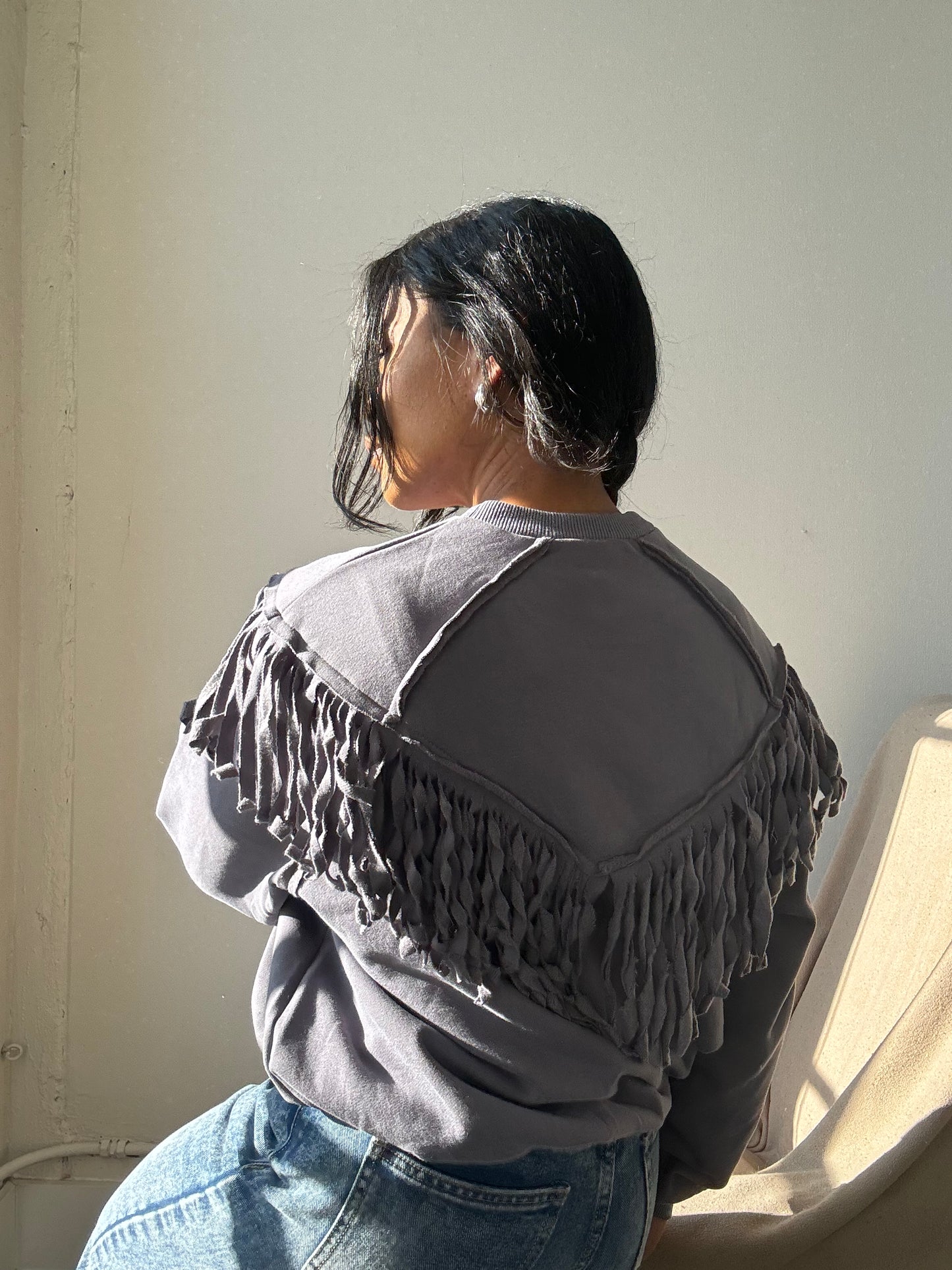 Kalon Cotton Crewneck Western Style Fringe Pullover In Charcoal