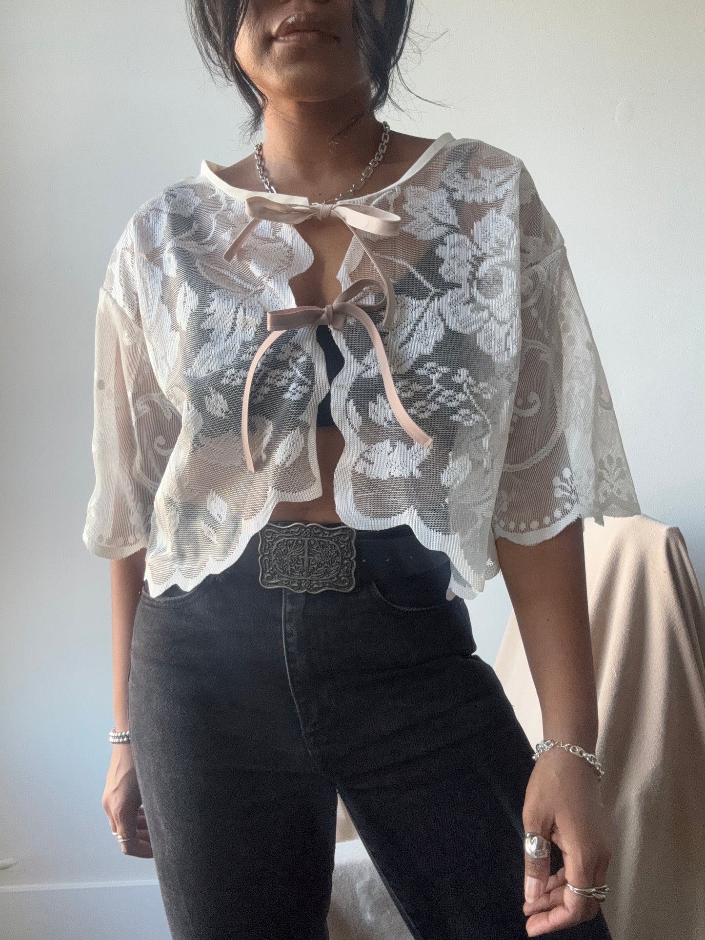 Sherie Handcrafted Vintage Lace Tie Top In Ivory