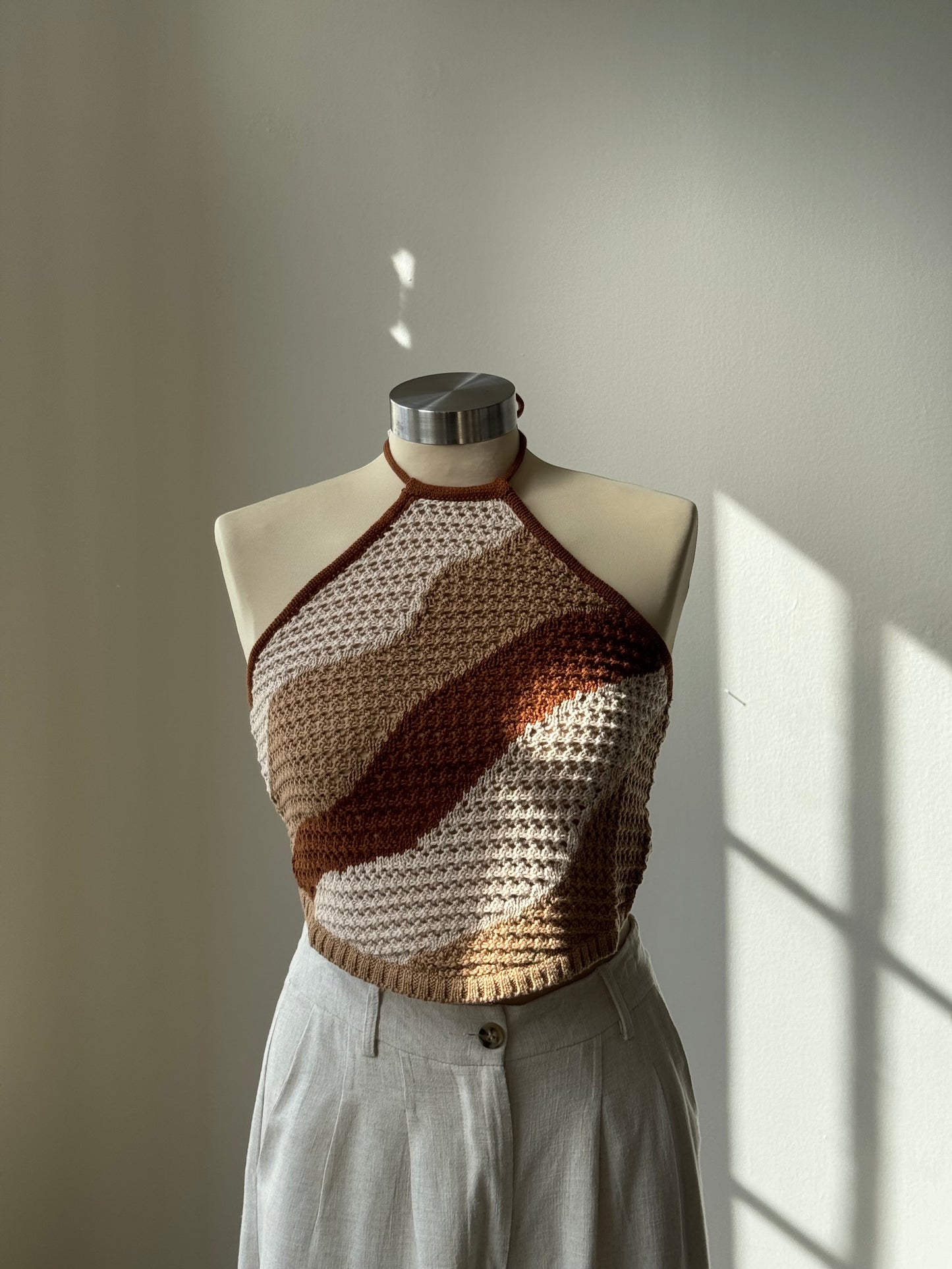 Billie Cotton Crochet Wave Open Back Halter Top In Brown