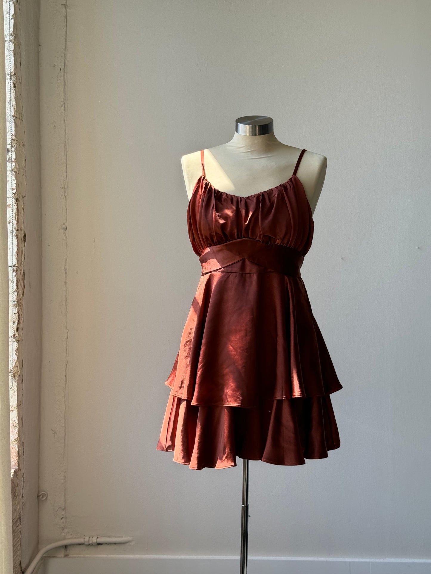 Saylor Tiered Satin Dress In Chocolate Brown