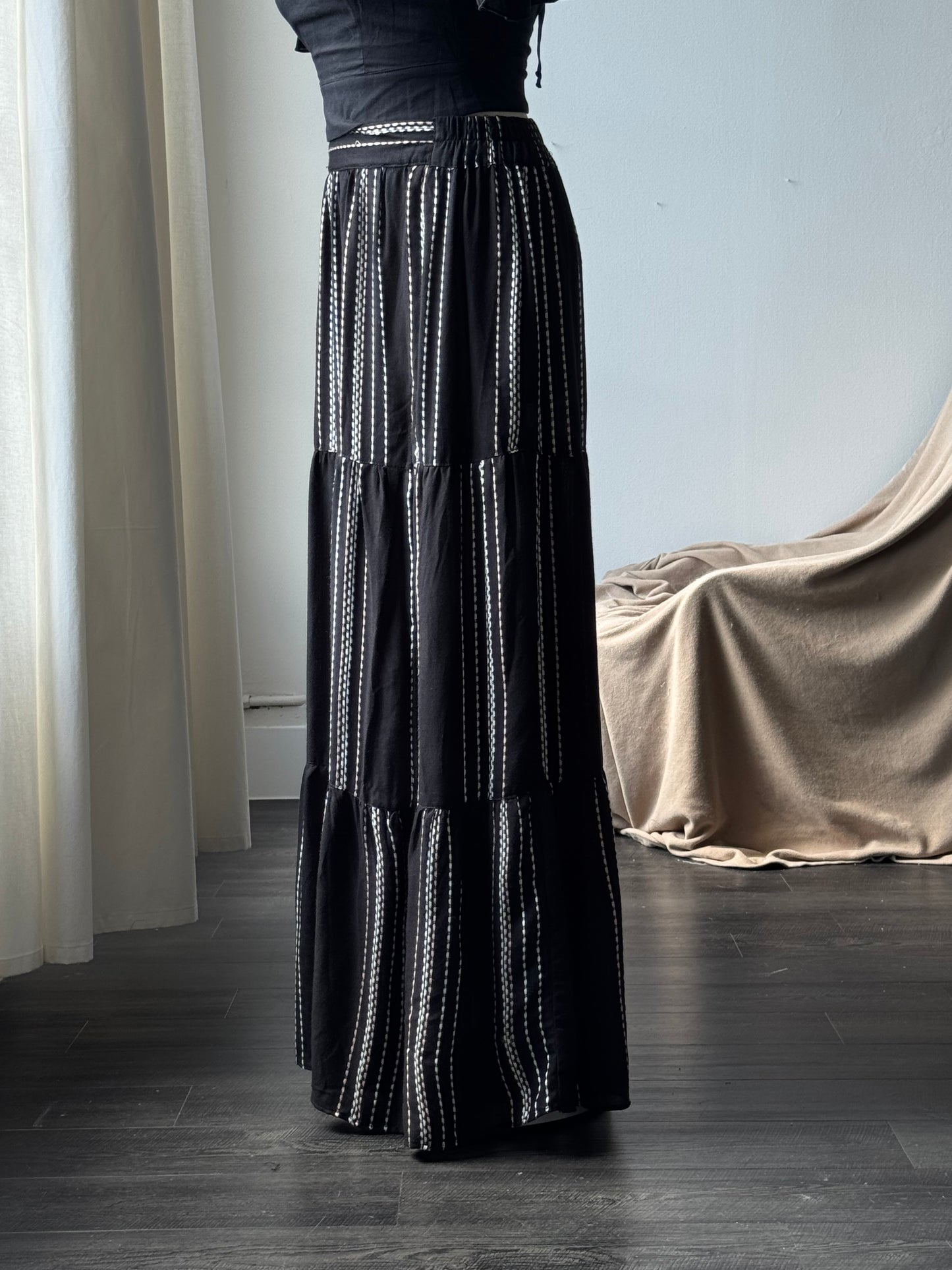 Melissa Embroidered Striped Slit Maxi Skirt In Blush Black