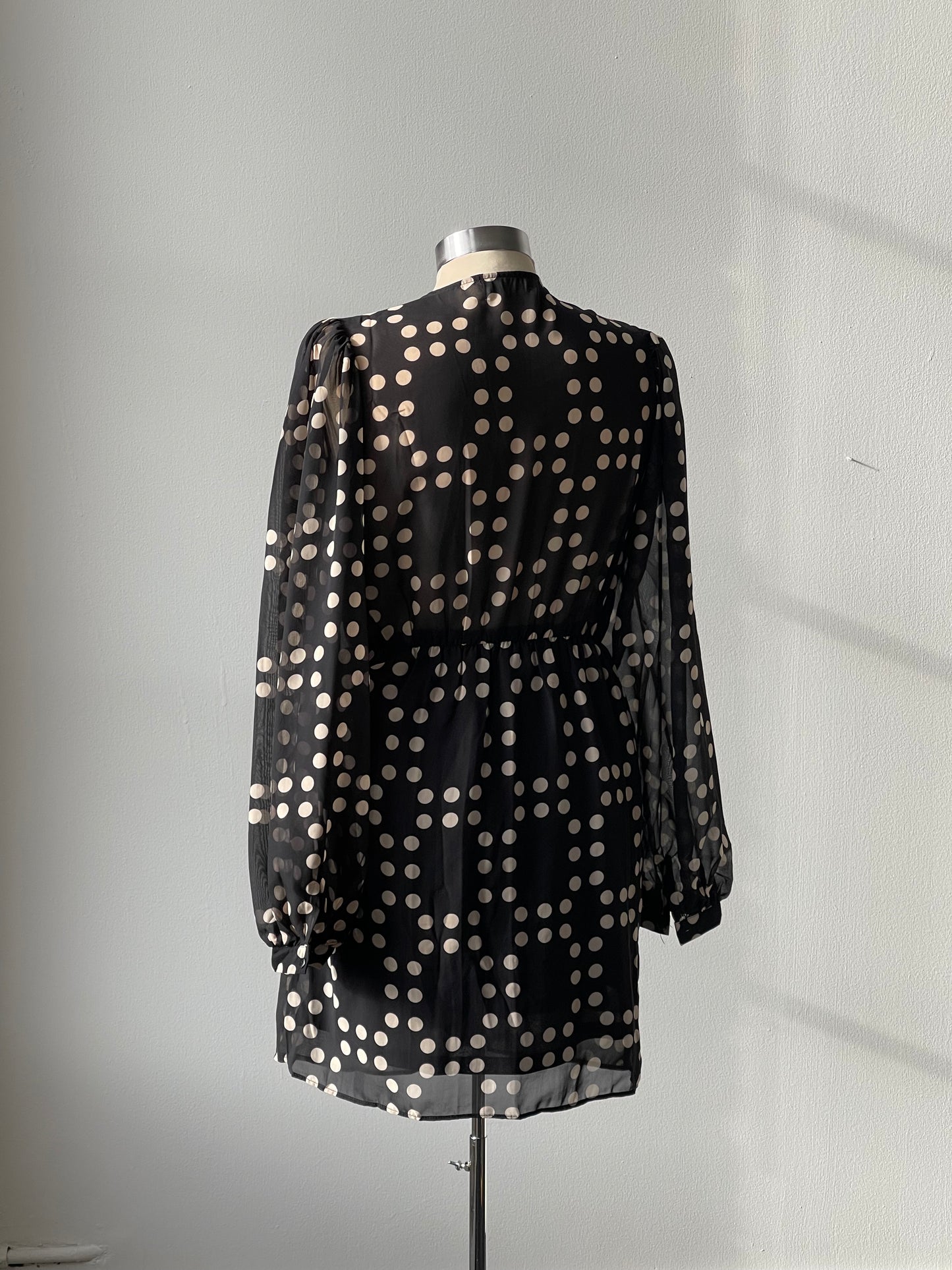 Millie Polkadot Sheer Balloon Sleeve Wrap Dress In Midnight Navy