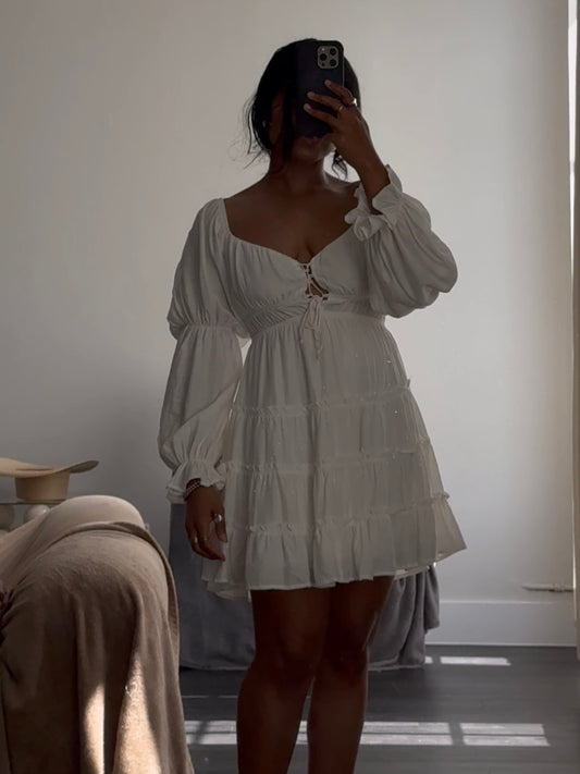 Janice Balloon Sleeve Tiered Dress In White