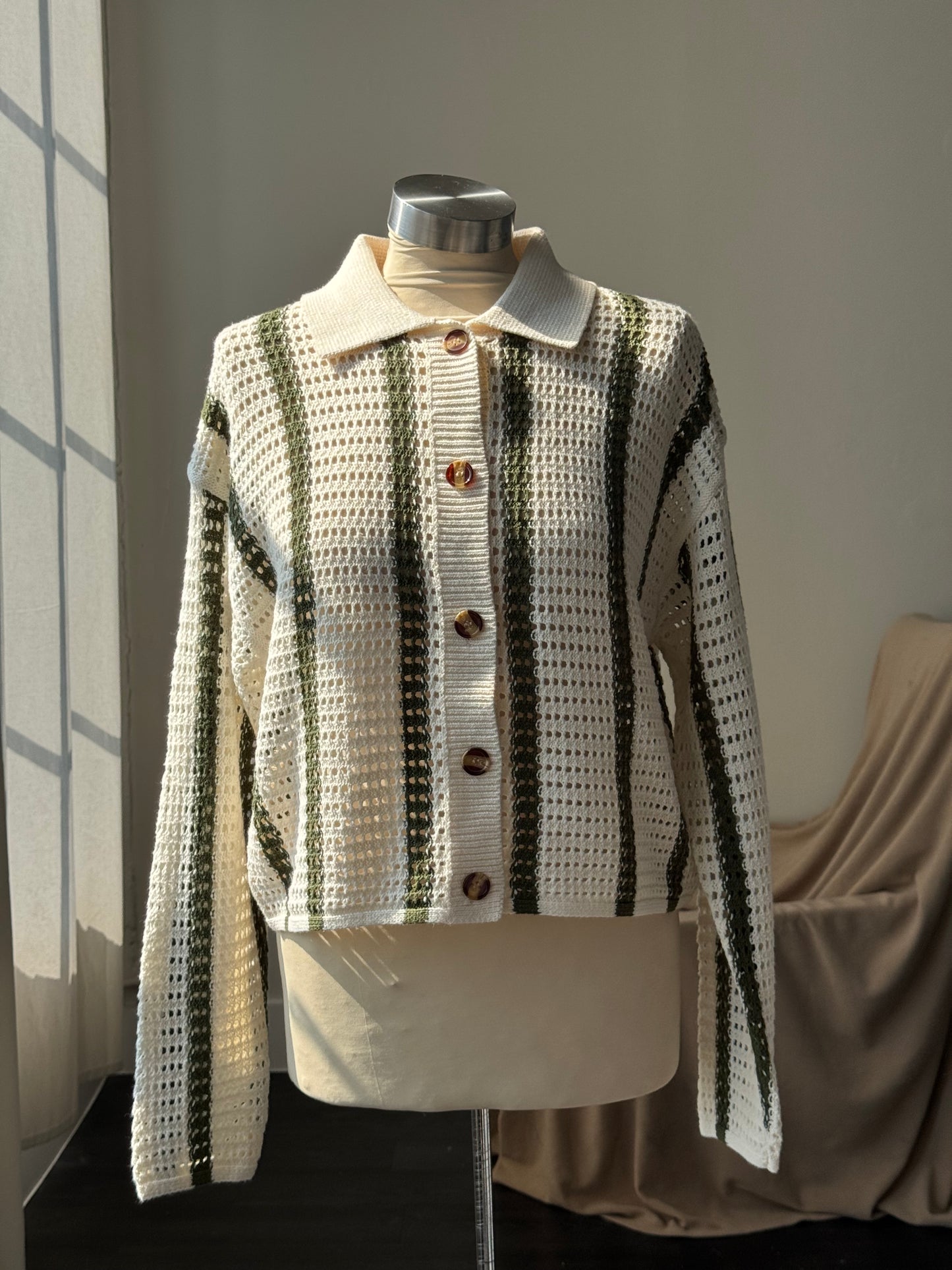 Solana Cotton Crochet Striped Button Down In Forest