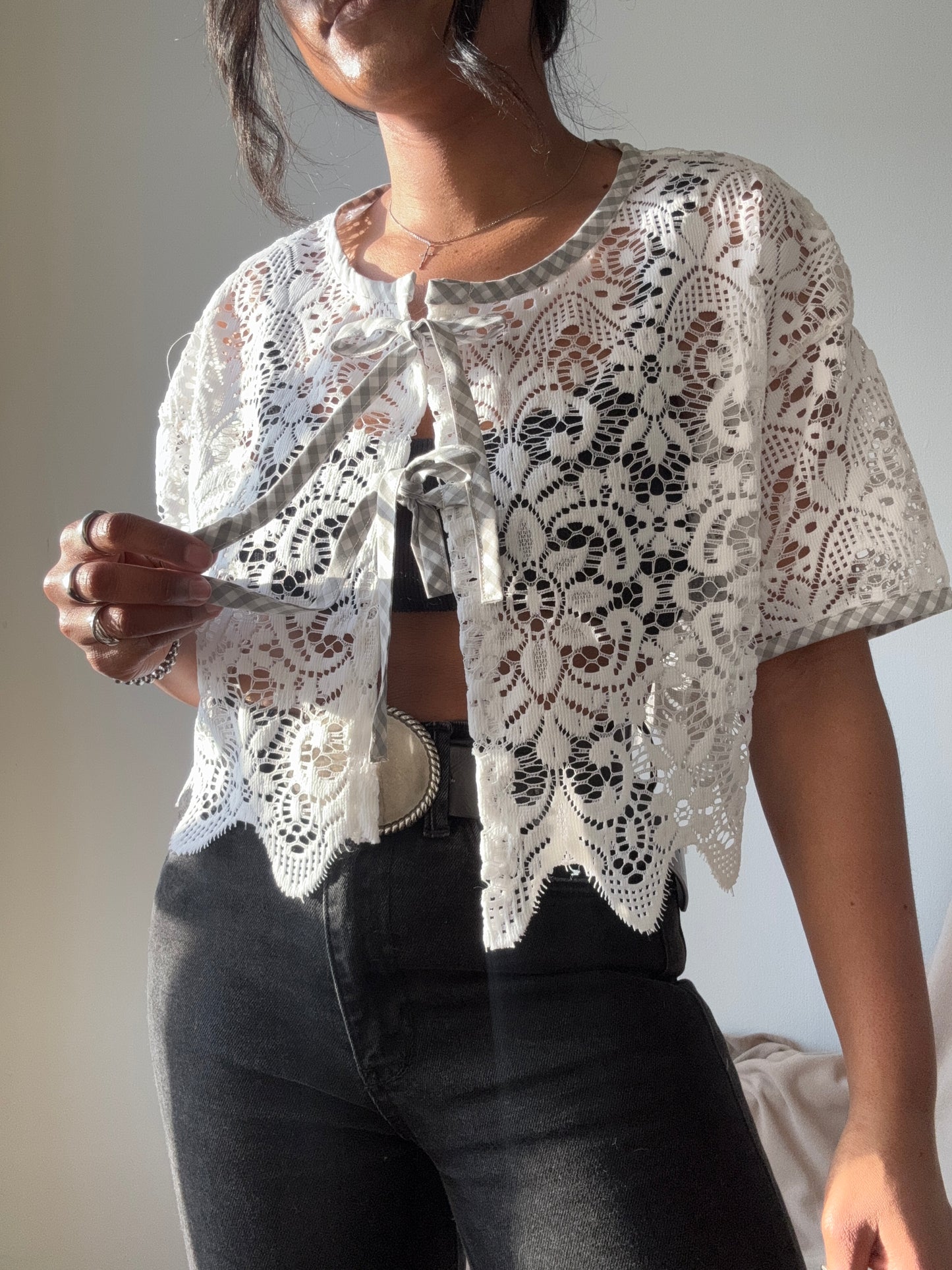 Velma Handcrafted Vintage Lace Wave Tie Top In White