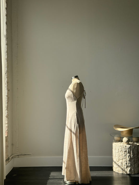 Ava Cotton & Linen Open Back Maxi Dress In Taupe