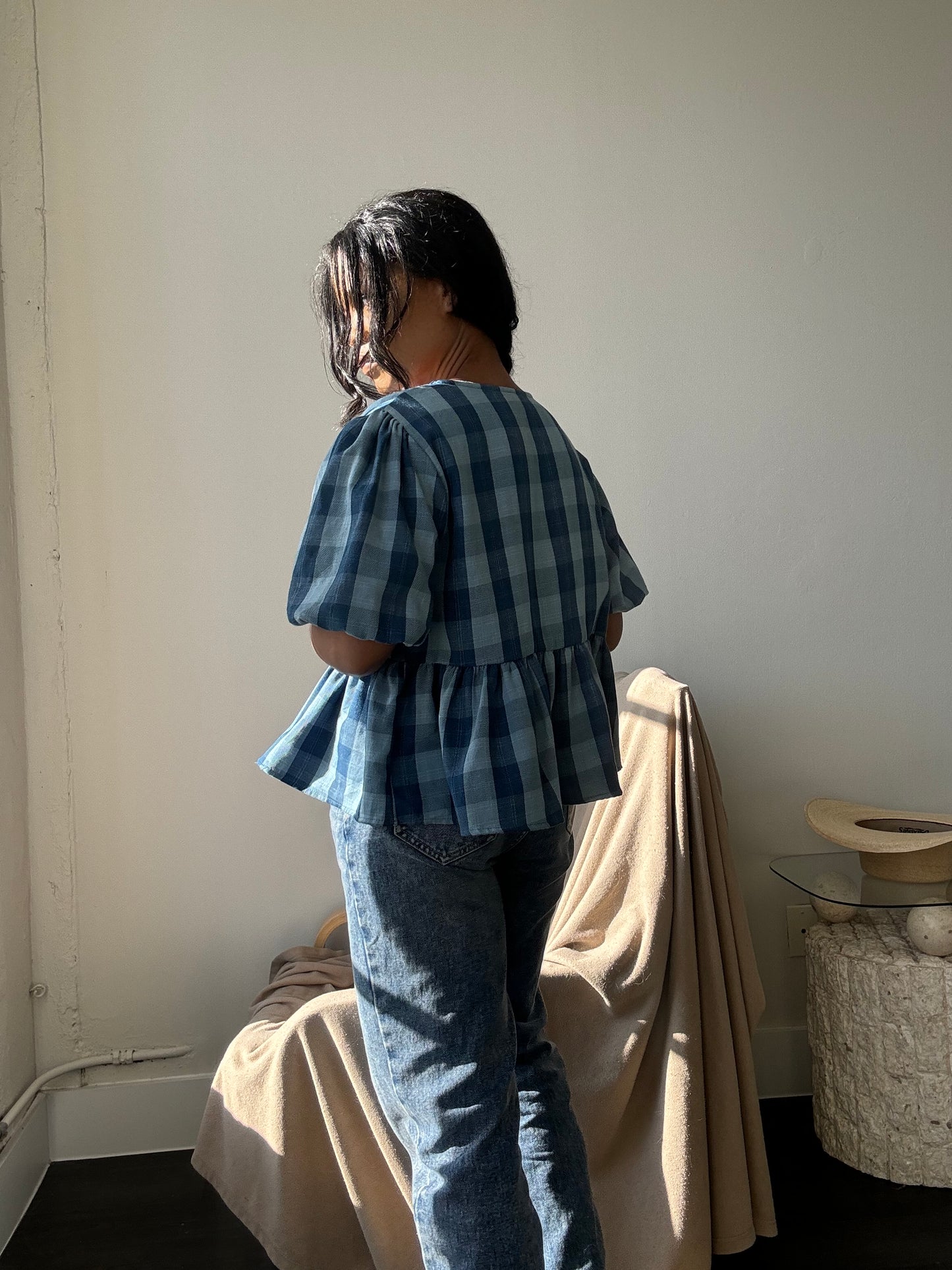 Gable Cotton Plaid Tie Top In Vintage Denim Blue