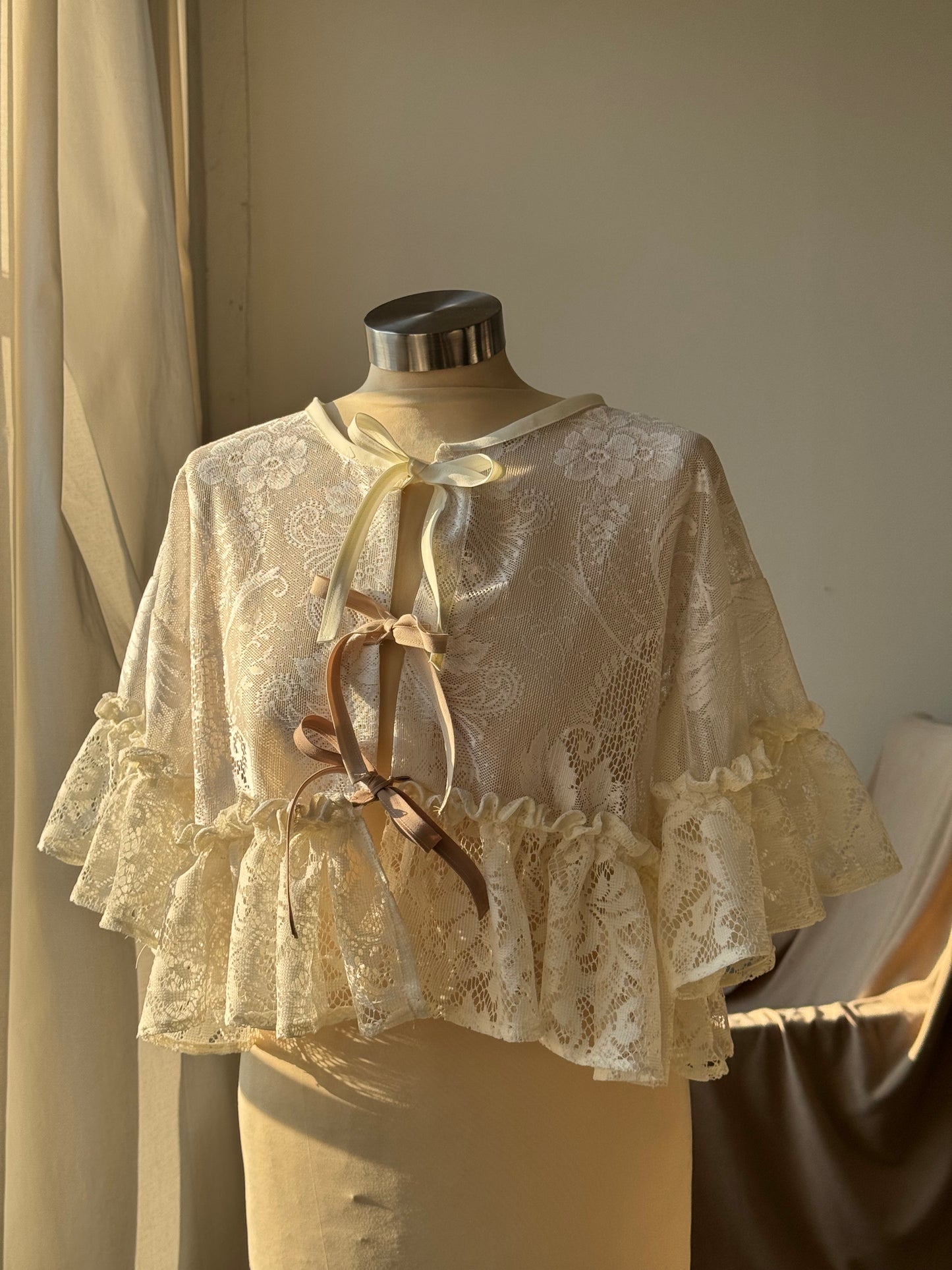 Eliza Two Tone Vintage Lace Handcrafted Ruffle Top In Ivory