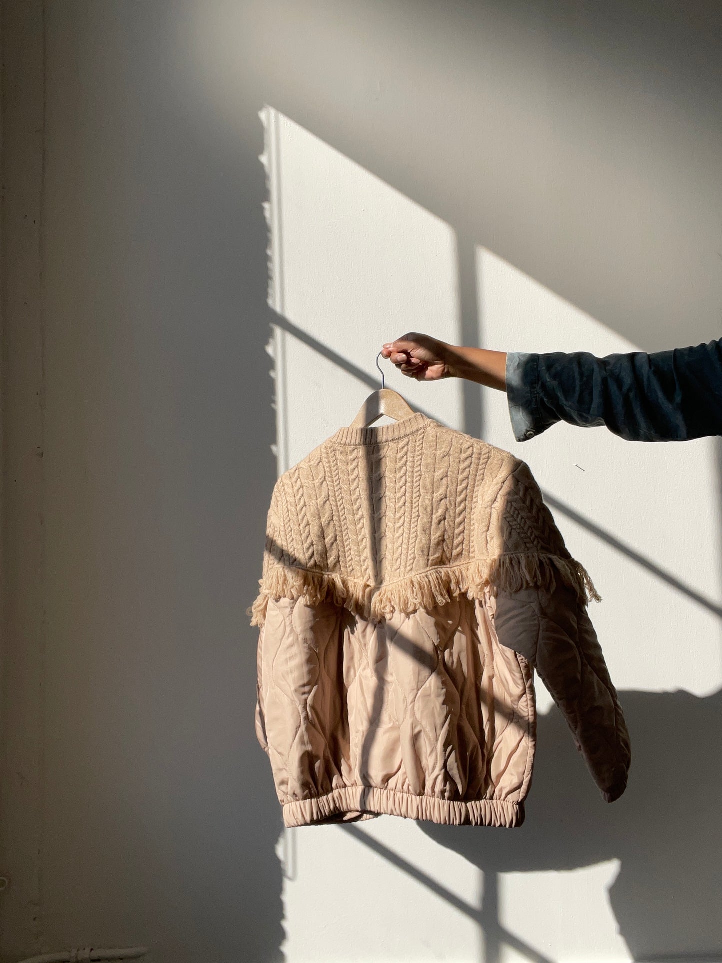 Carson Quilted Cableknit & Fringe Jacket In Sand