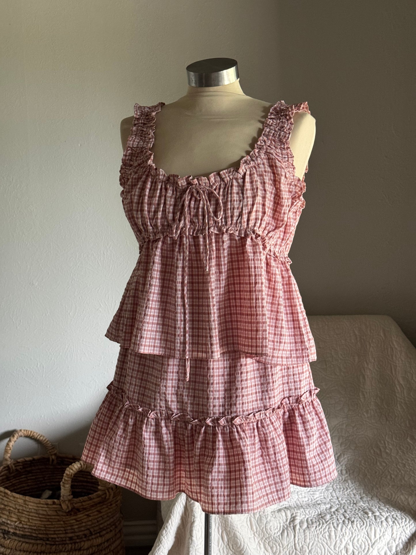 Fay Cotton Plaid Ruffle Top In Blush