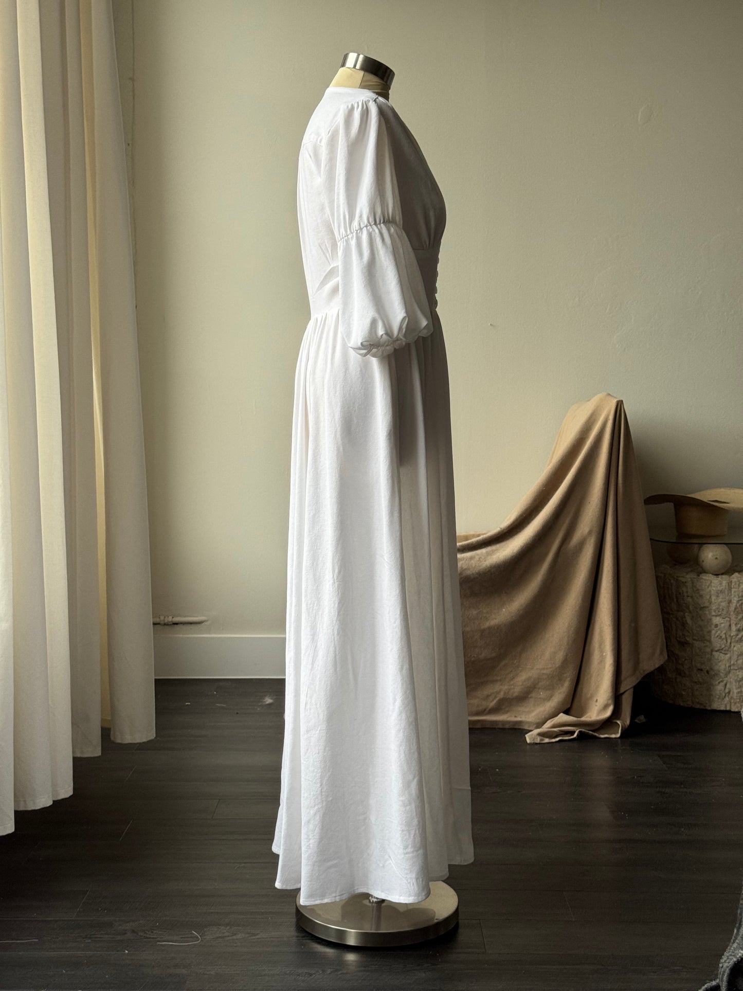 Anriette Cotton & Linen Button Front Maxi Dress In White