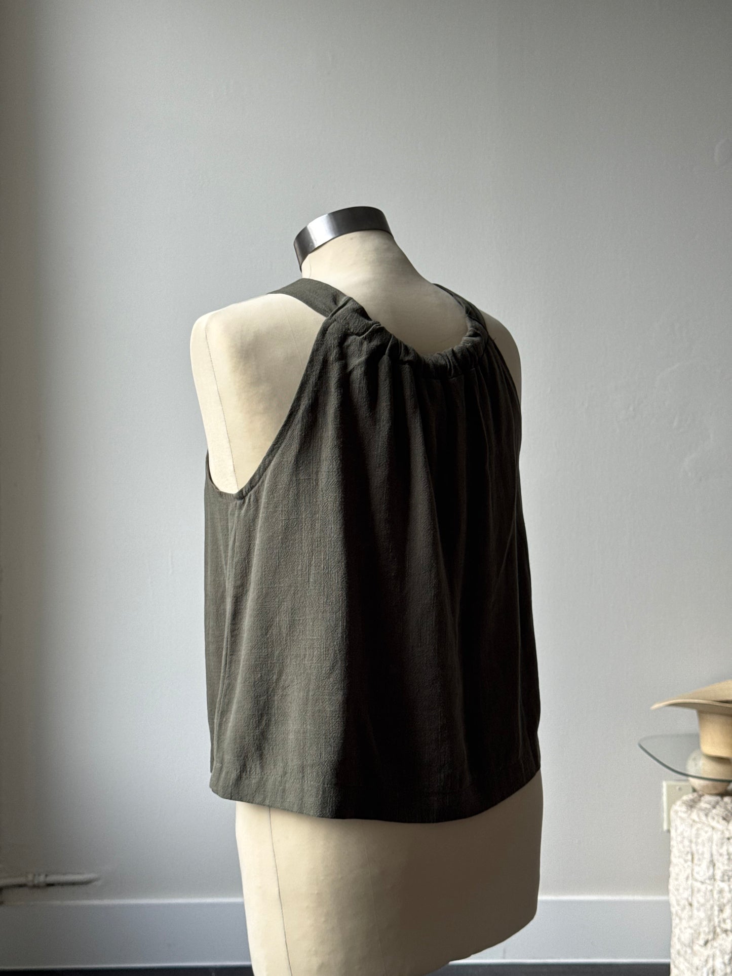 Teagan Linen Button Front Halter Tank In Olive