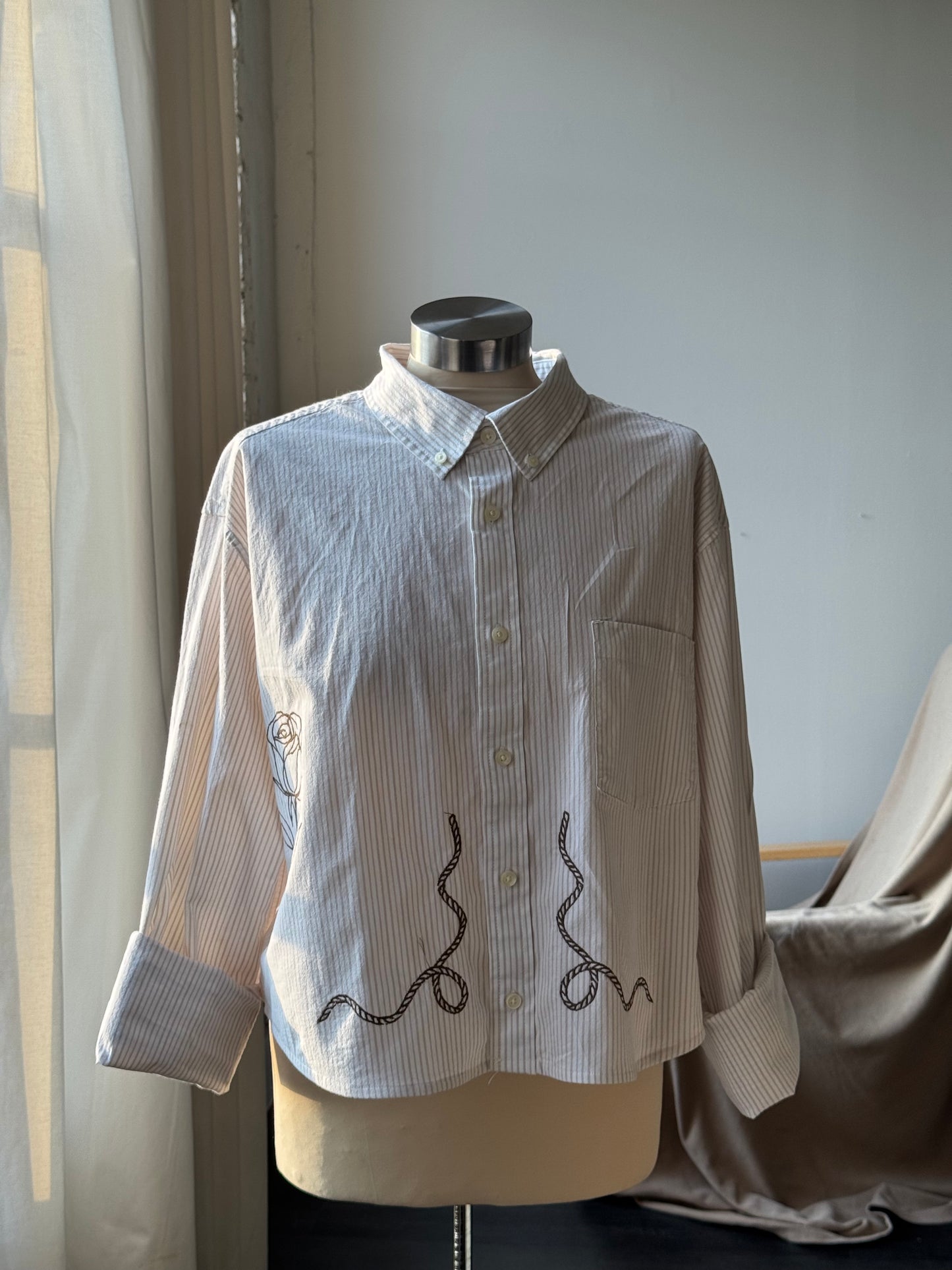 Judy Handcrafted Cropped StripedButton Down Long Sleeve