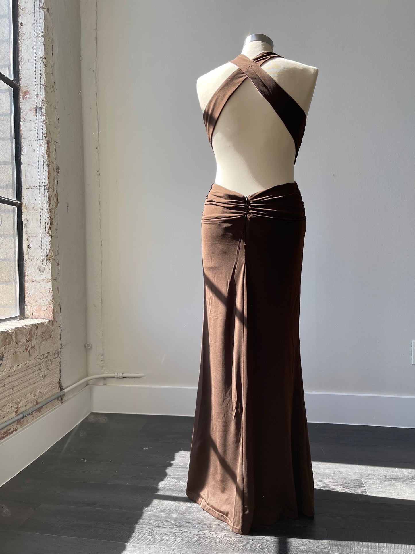 Dana Deep V Neck Open Back Halter Maxi Dress In Chocolate Brown