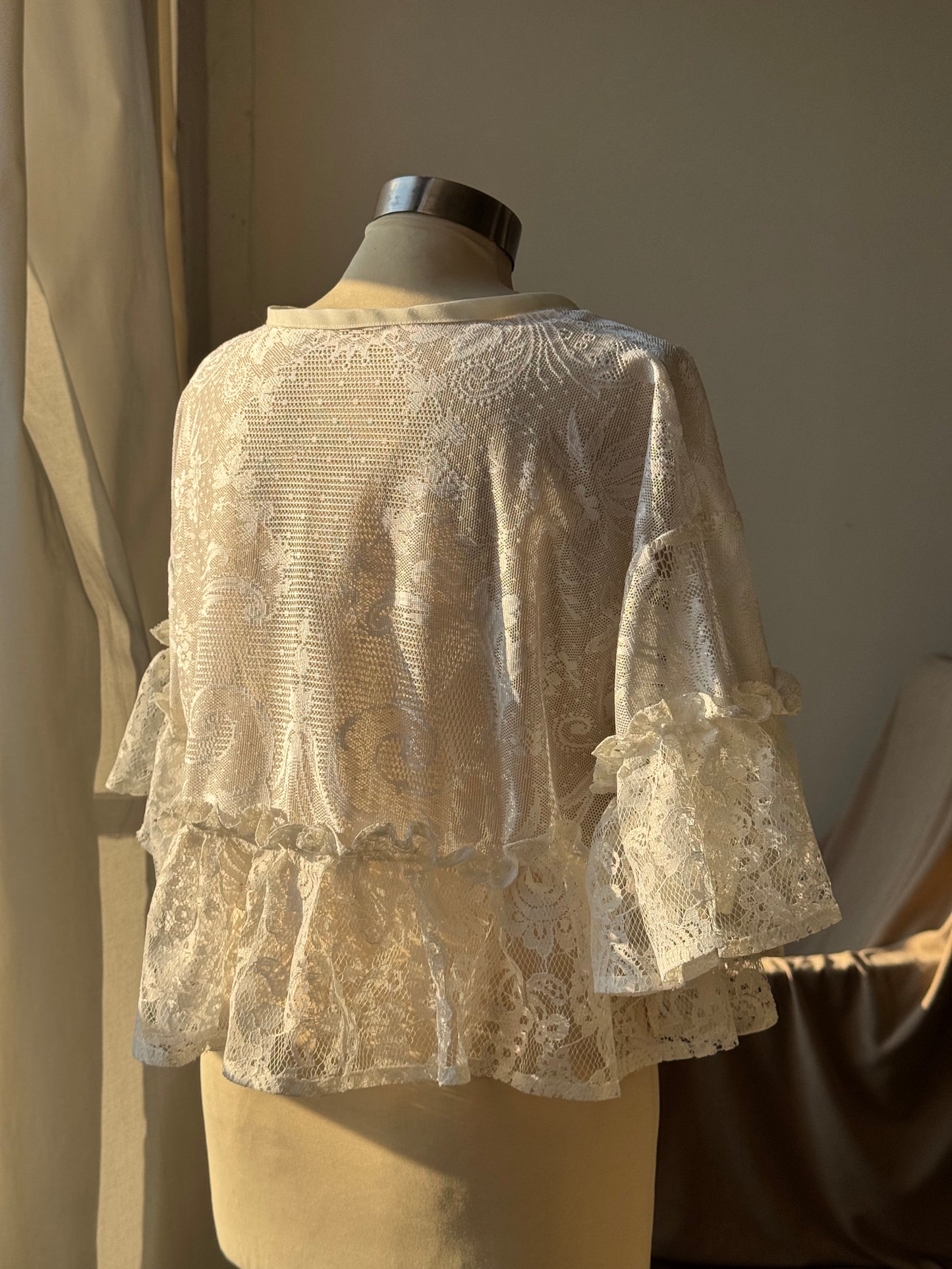 Eliza Vintage Lace Handcrafted Ruffle Top In Ivory White