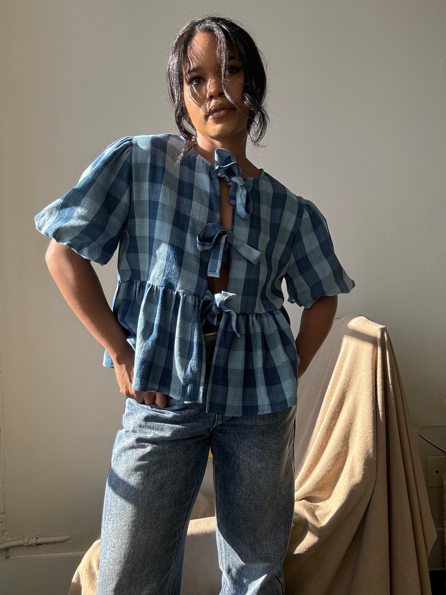 Gable Cotton Plaid Tie Top In Vintage Denim Blue