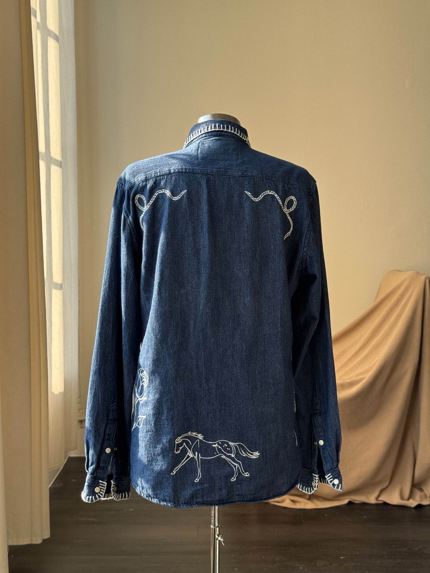 Michael Handcrafted Cowboy Stitch Embroidered Button Down In Denim