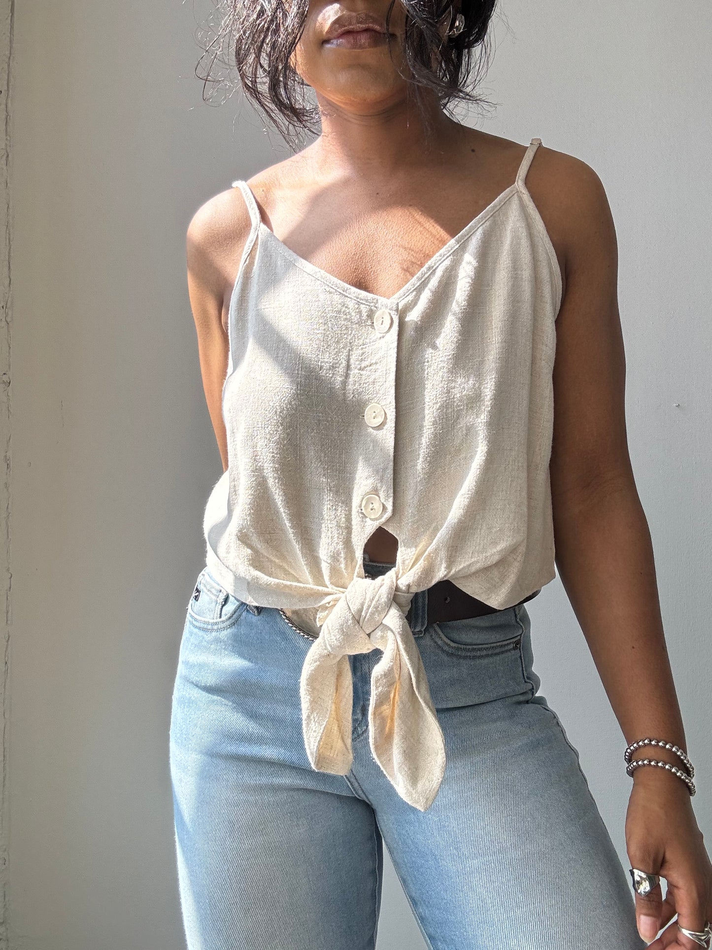 Mae Cotton & Linen Tie Front Crop Top In Natural