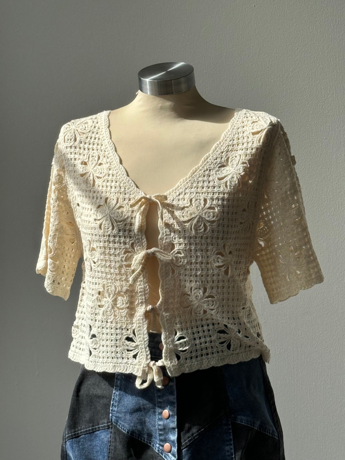 Joyce Open Front Tie Crochet Crop Top