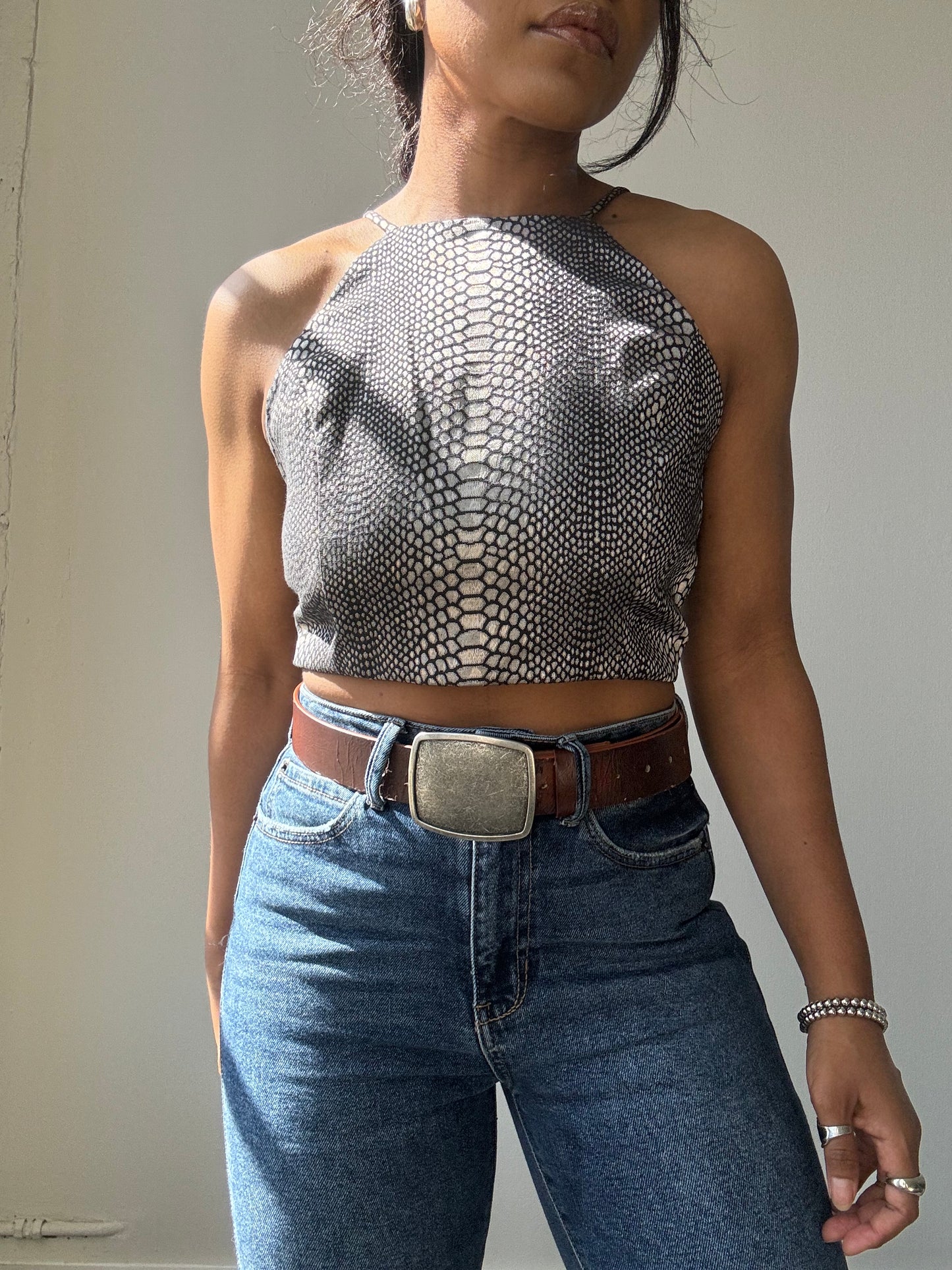 Evan Cotton Cropped Open Back Halter Top In Wild Smoke Grey
