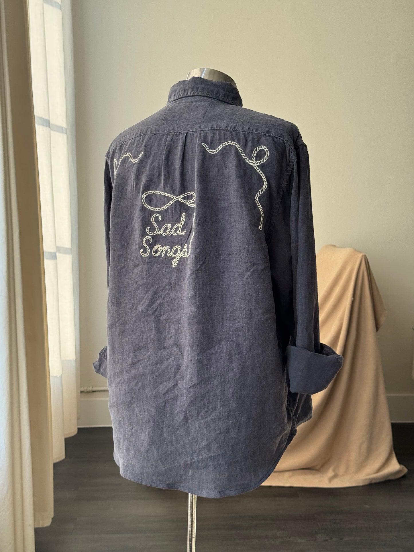 Lawrence Handcrafted Sad Songs Linen Button Down In Vintage Navy