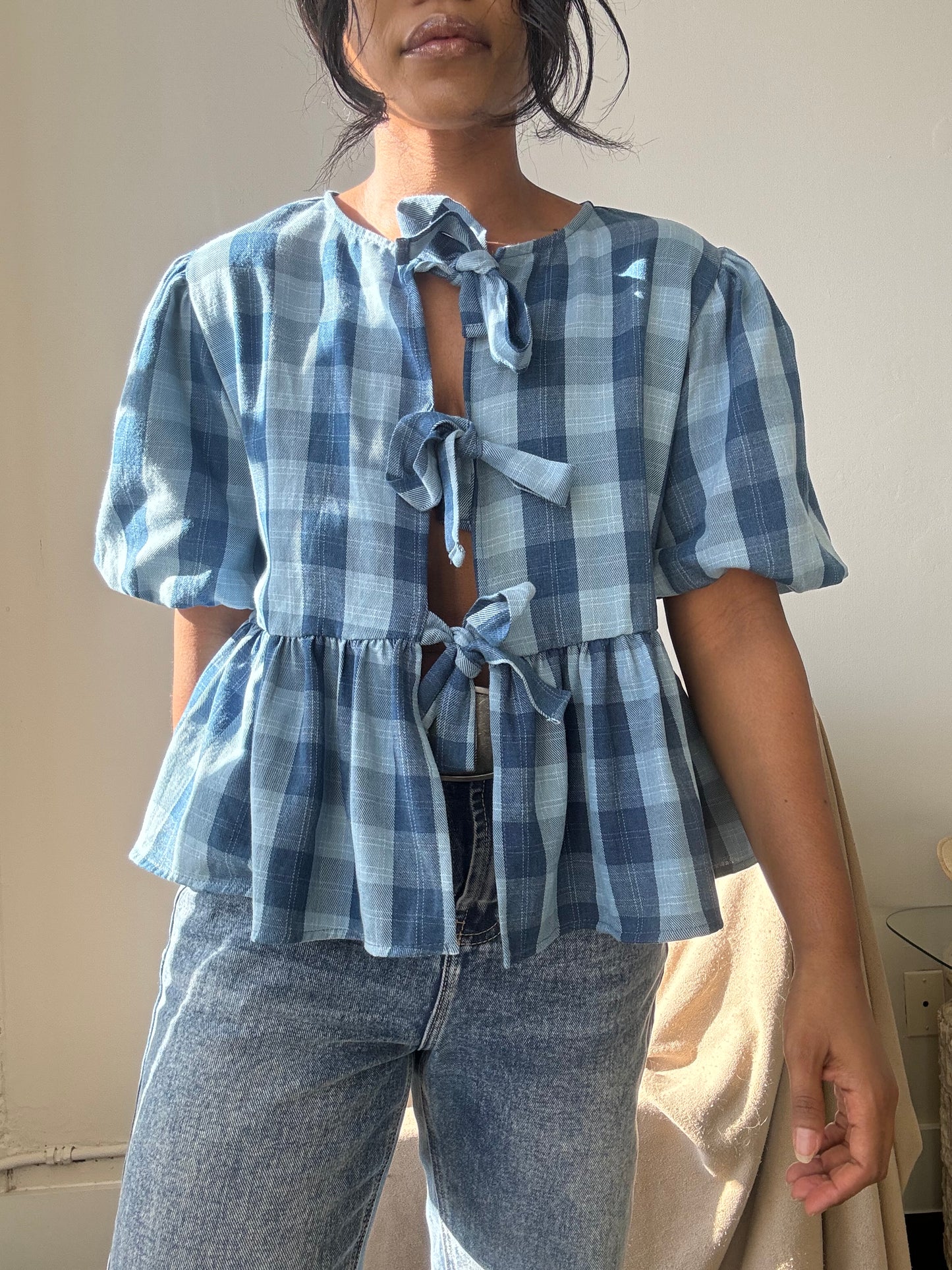 Gable Cotton Plaid Tie Top In Vintage Denim Blue