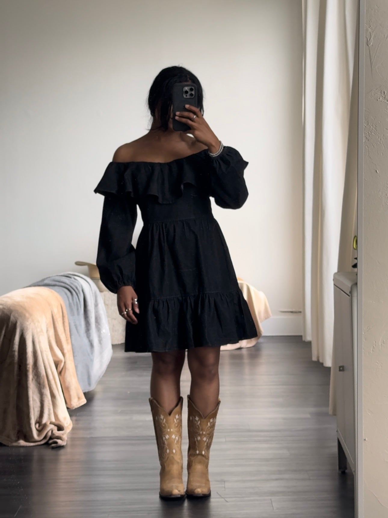 Carmen Cotton On Or Off Shoulder Classic Denim Dress In Vintage Black