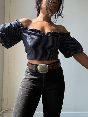 Lori Cold Shoulder Pinstripe Puff Sleeve Crop Top In Navy