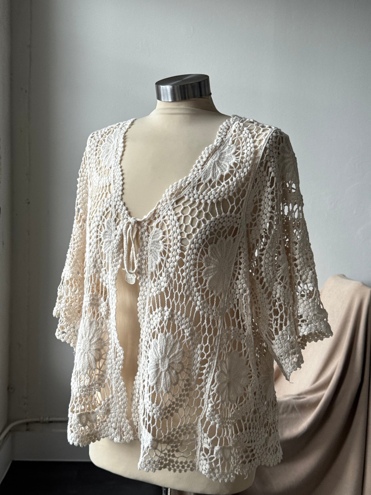 Marcella Cotton Crochet Tie Front Top In Natural