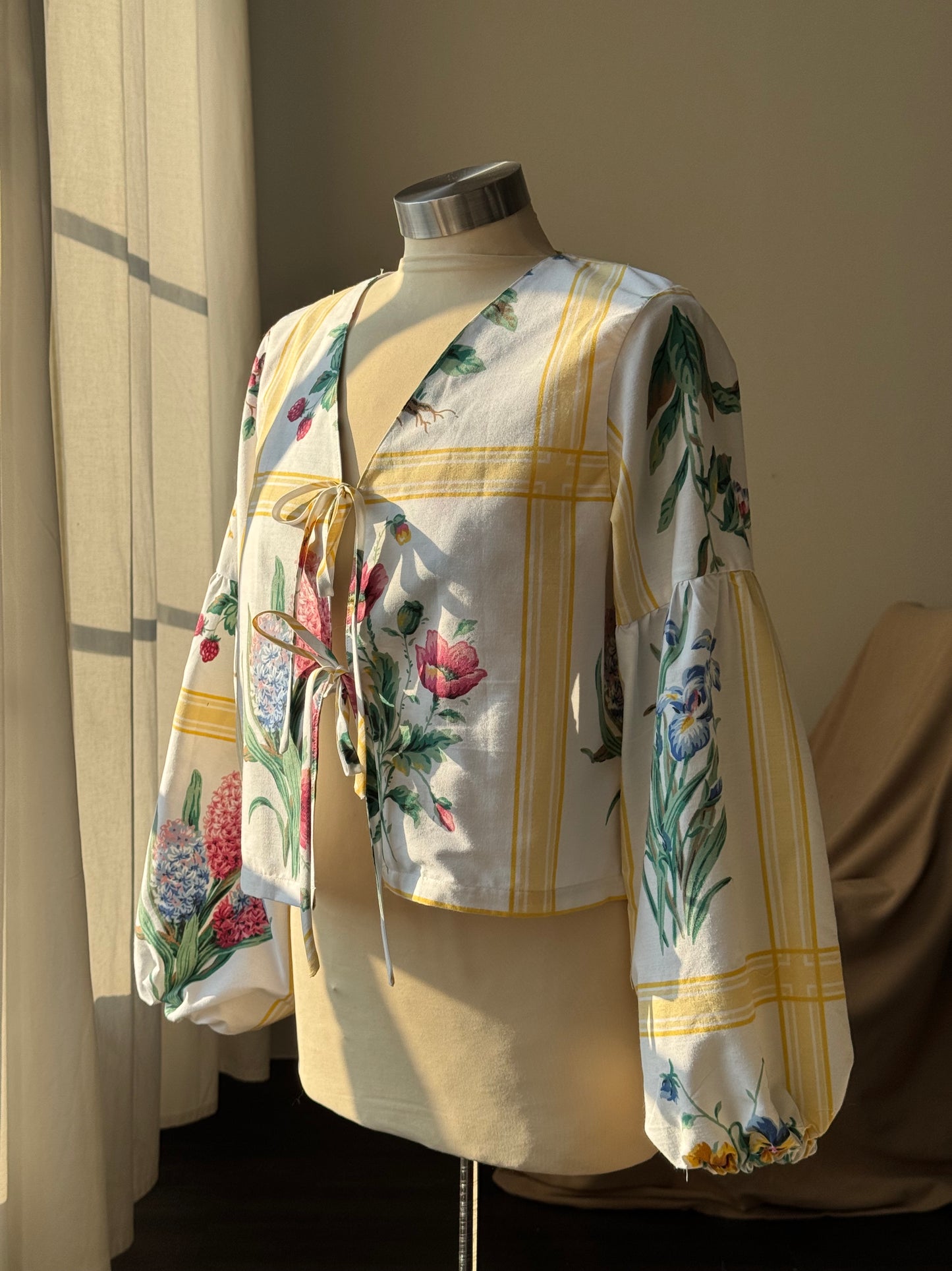 Brenda Faye Handcrafted Vintage Lantern Sleeve Tie Front Top