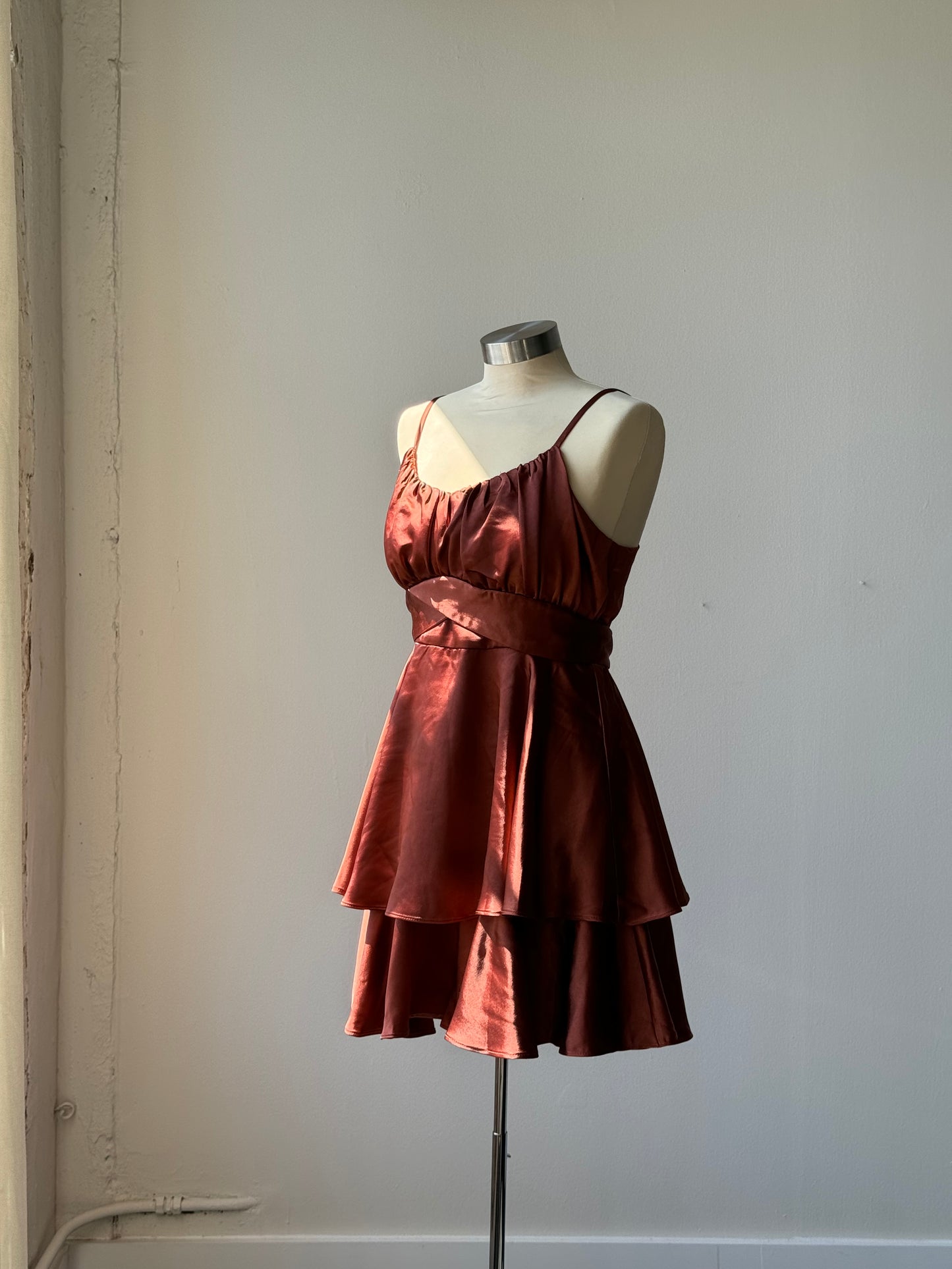 Saylor Tiered Satin Dress In Chocolate Brown
