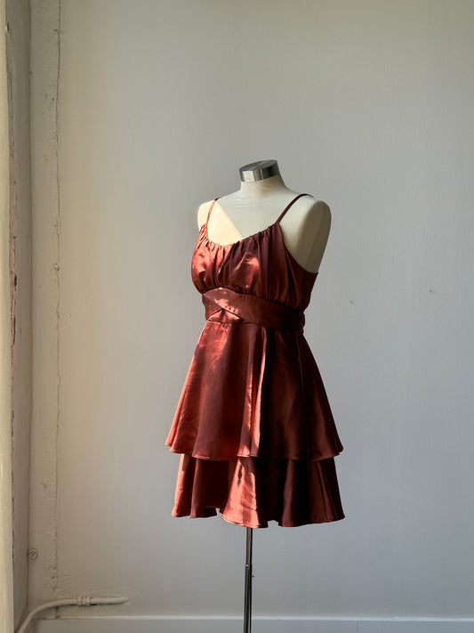 Saylor Tiered Satin Dress In Chocolate Brown