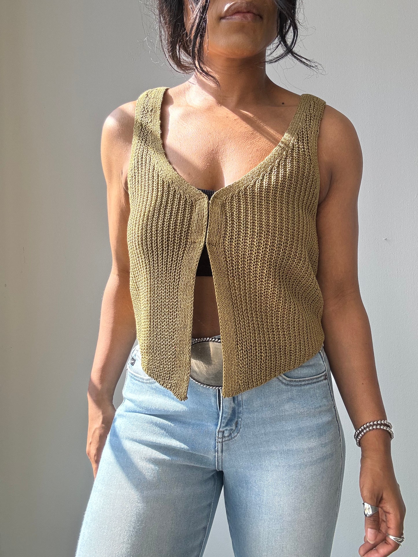 Kayla Crochet Knit Vest In Olive