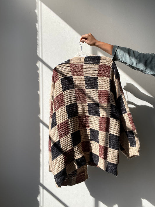 Dylan Oversized Check Open Front Sweater In Mocha 