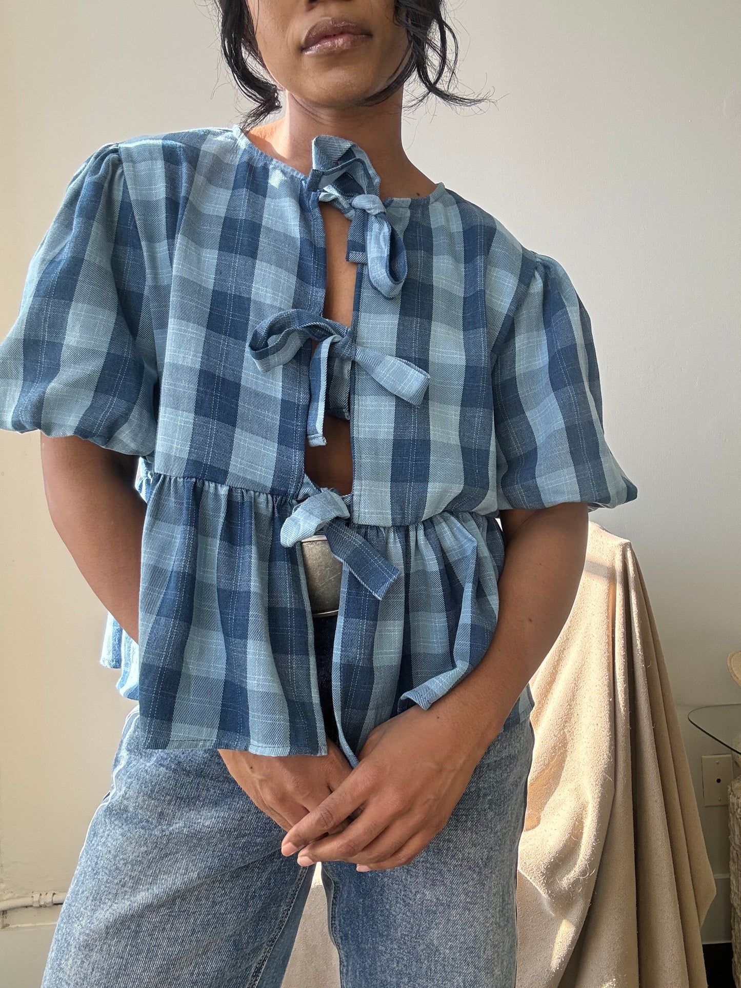 Gable Cotton Plaid Tie Top In Vintage Denim Blue