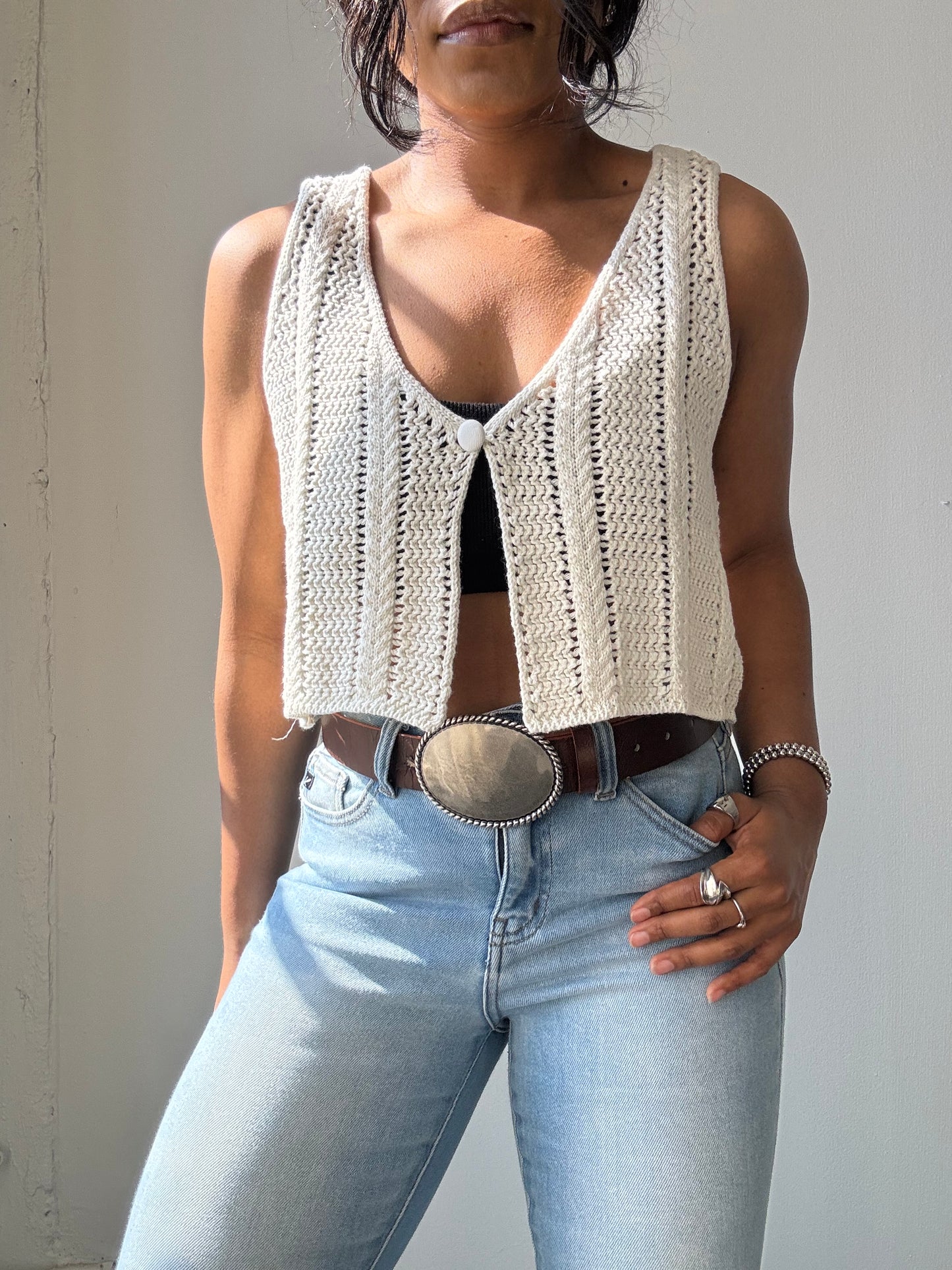 Sheryl Cotton Crochet Single Front Closure Crop Top In Ivory
