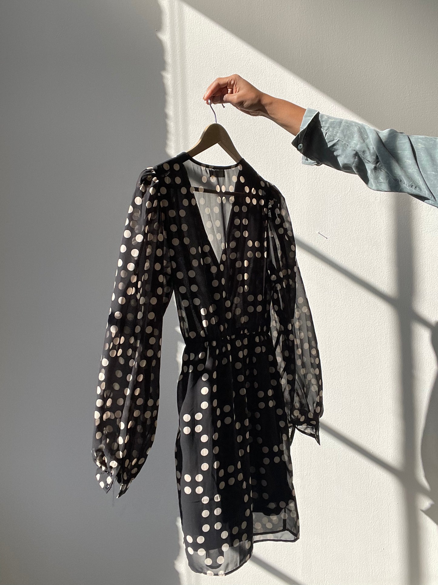 Millie Polkadot Sheer Balloon Sleeve Wrap Dress In Midnight Navy