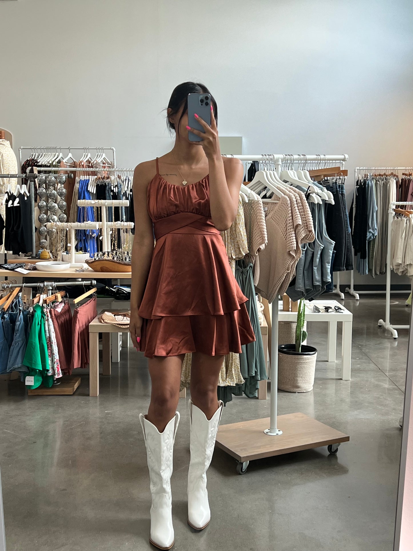 Saylor Tiered Satin Dress In Chocolate Brown