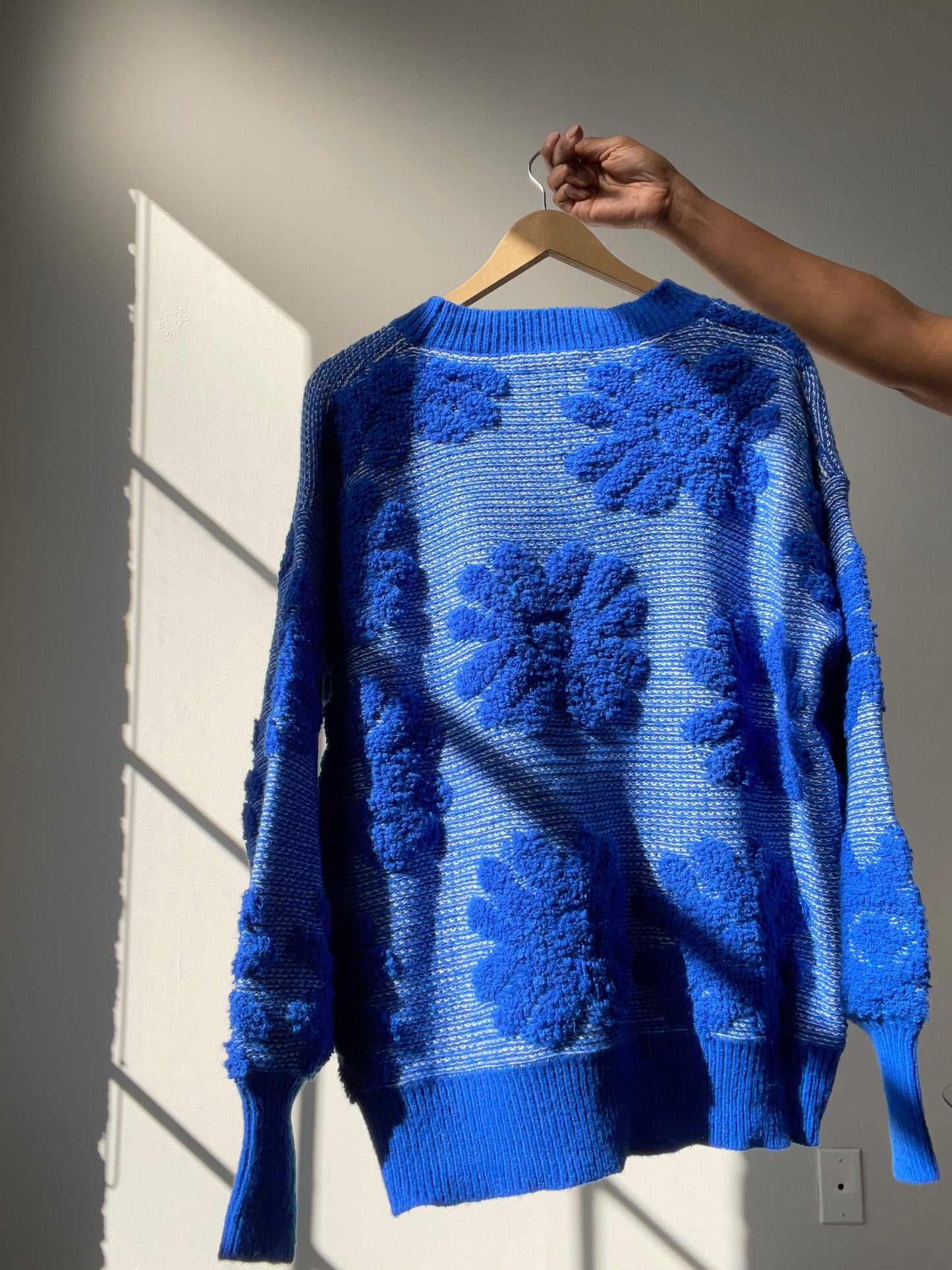 Mable Cotton Oversized Chunky Floral Knit Pullover Sweater In Cobalt Blue