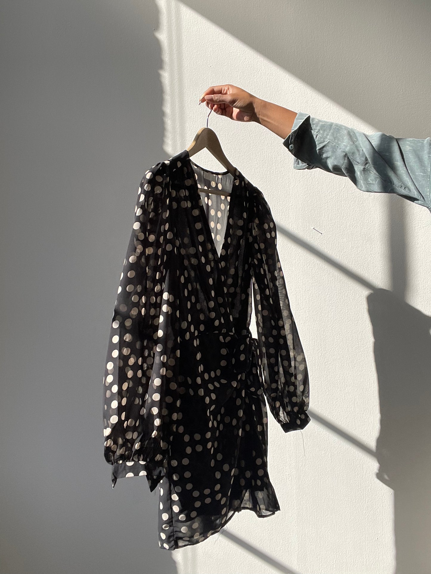 Millie Polkadot Sheer Balloon Sleeve Wrap Dress In Midnight Navy