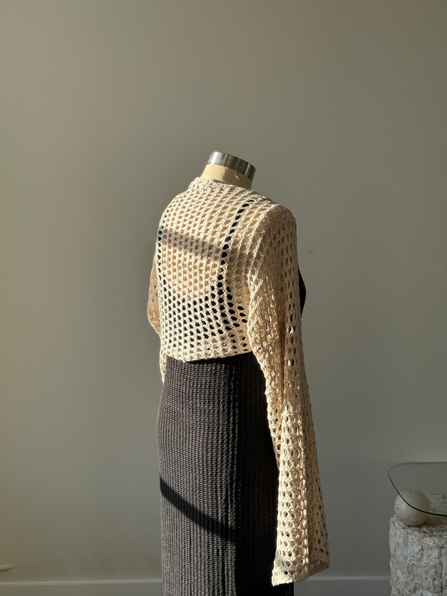 Paisley Crochet Cropped Long Sleeve Cover Up In Natural